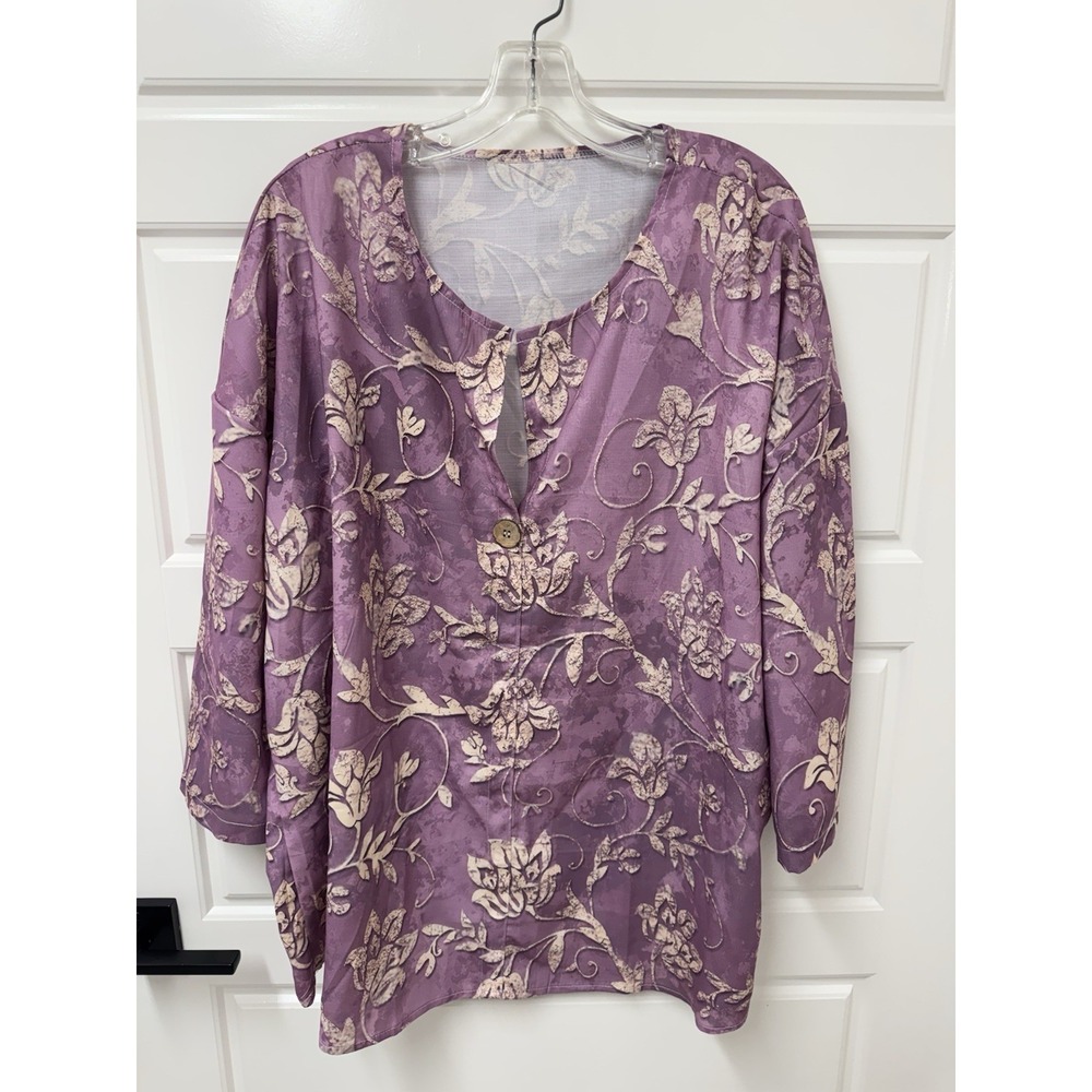 Unbranded Womens 3X Purple Floral Silky Polyester V-Neck Tunic Blouse Top